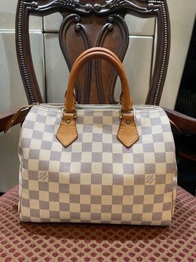 Louis Vuitton Soeedy 25 Damier Azur Satchel with Tan Leather Handles